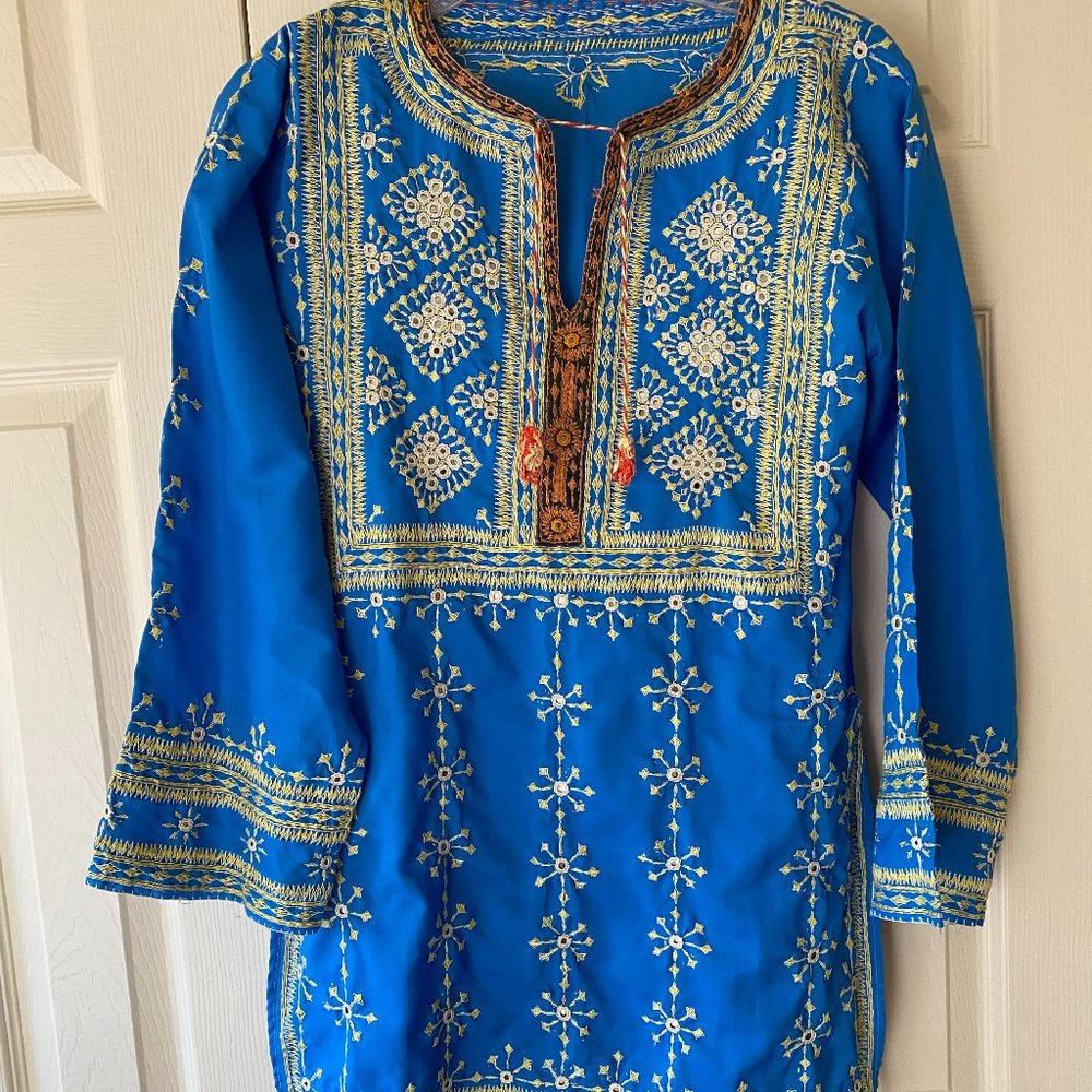 Beautiful Handmade Indian Tunic (Kurta) - Colorful Stitching & Small Mirrors